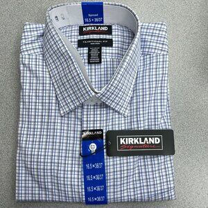 Kirkland Signature Men's 16.5 x 36/37 Dress Shirt button down Blue & White G1893